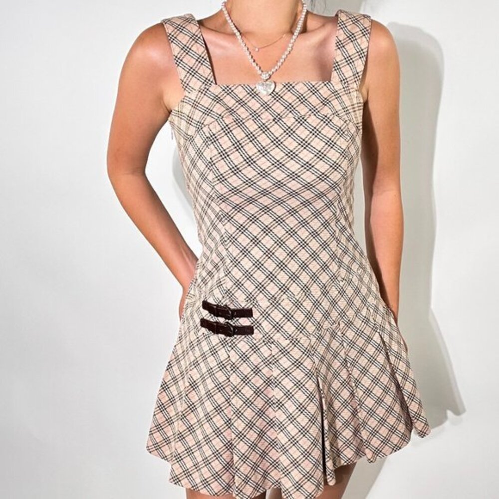 Rare! Burberry Vintage Classic checked Belted Pleated Mini Dress